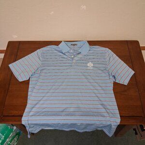 Peter Millar Golf Shirt, Blue with Red Stripes, Large, (Trump Scotland Logo)